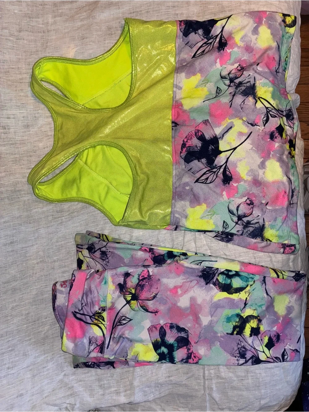 Justice Neon Green Floral Print Kids One-Piece Active Bodysuit